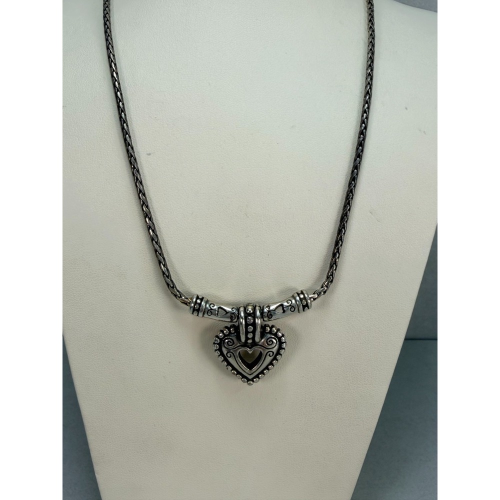 Brighton Heart Pendant Necklace Silver Tone Black Enamel Scroll Signed Chain